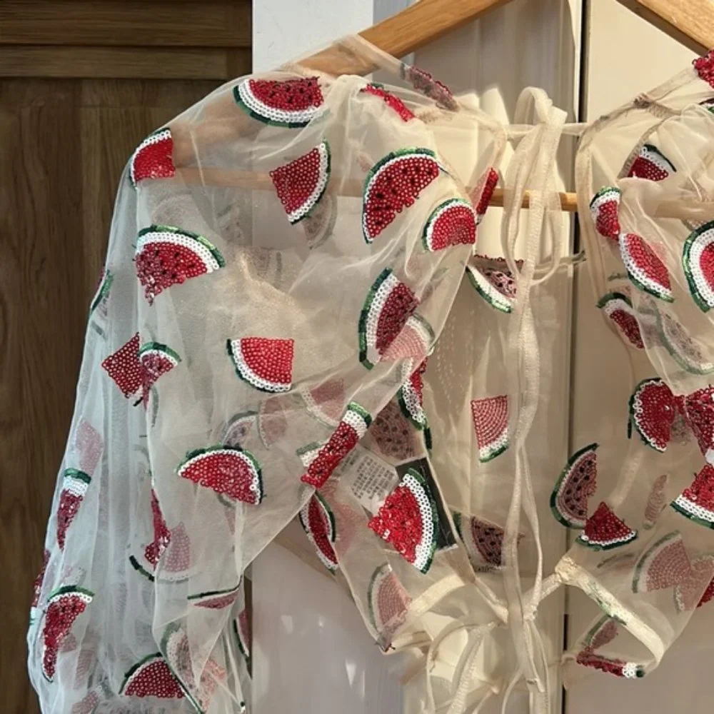 TOPSHOP women’s watermelon print sequins sheer top US 4 - Picture 9 of 9